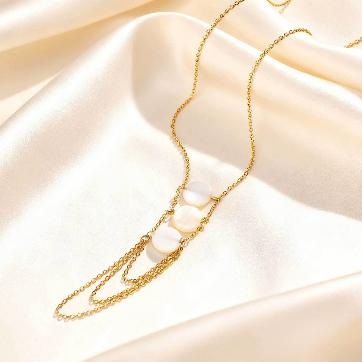 Stainless Steel Layered Geometric Flat Cross Chain Round Shell Piece Y-Shaped Necklace