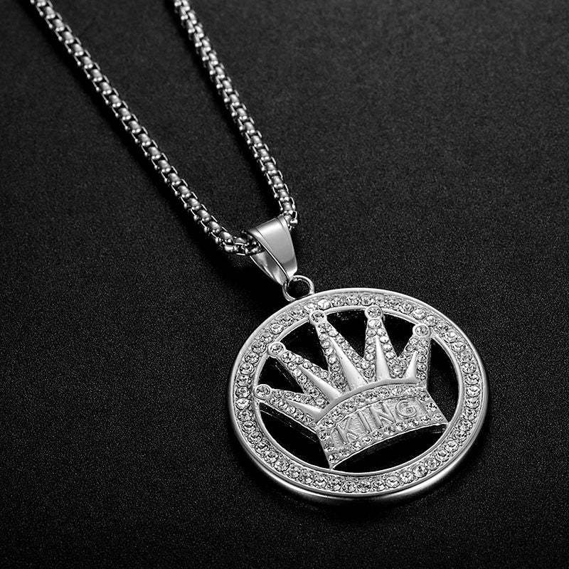 Planderful Hip Hop Crown Pendant Necklace Stainless Steel Gold Plated Rhinestones For Trendsetting Men