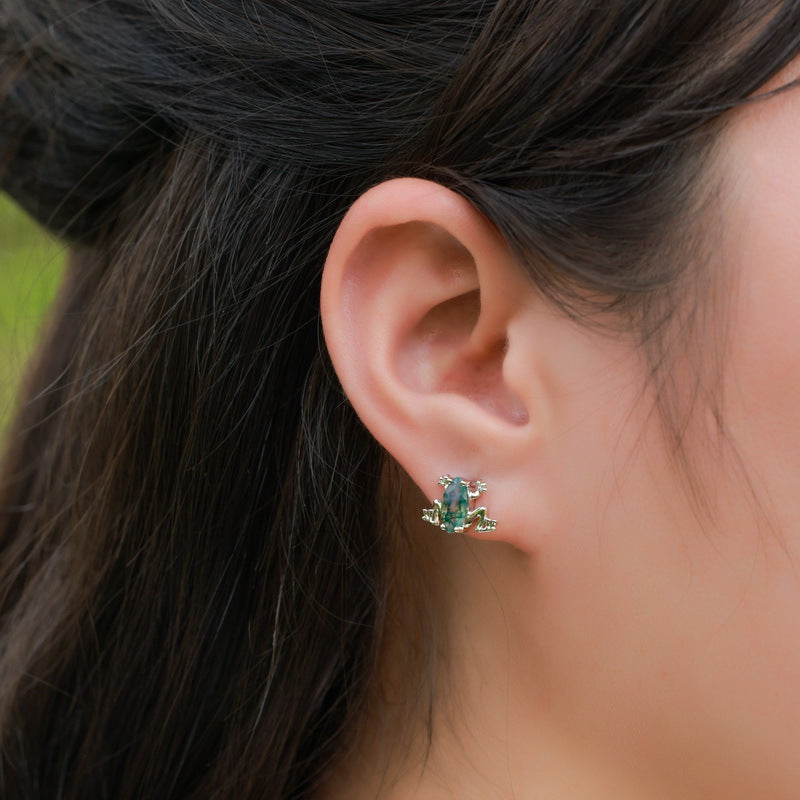 Planderful Jewelry Sterling Silver Frog Stud Earrings With Green Moss Agate Gemstone