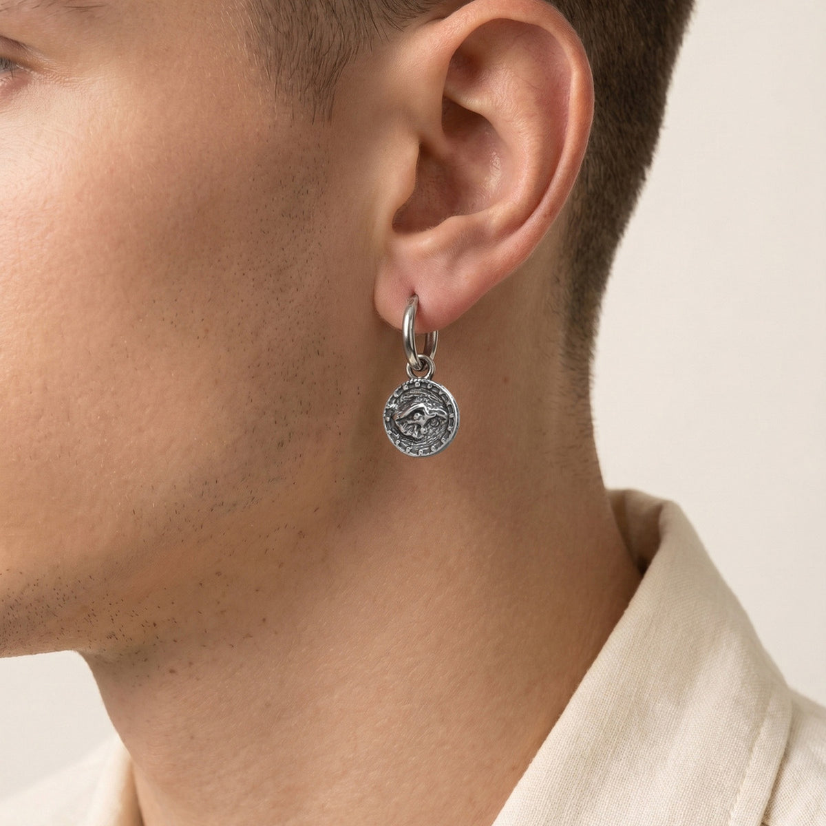 Antique Silver Medallion Hoop Earring — Single
