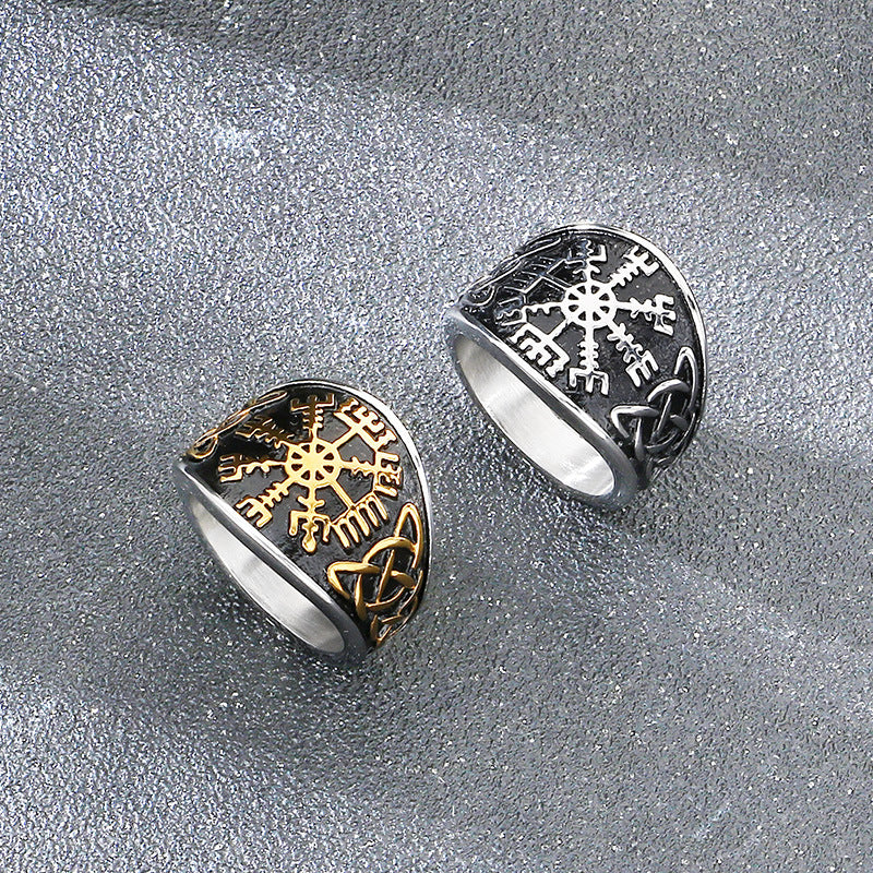 Nordic Pop Celtic Knot Ring, Vintage Viking Smear Oil Compass Rune Stainless Steel
