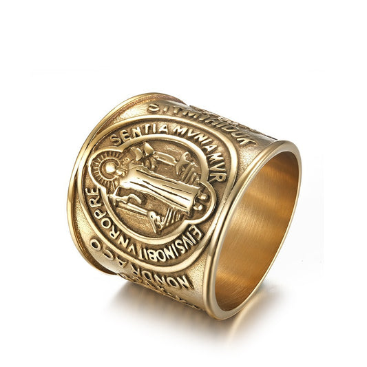 Saint Benedict Ring Stainless Steel Exorcist Symbol Unisex Divine Jewelry Planderful Collection Everyday Genie