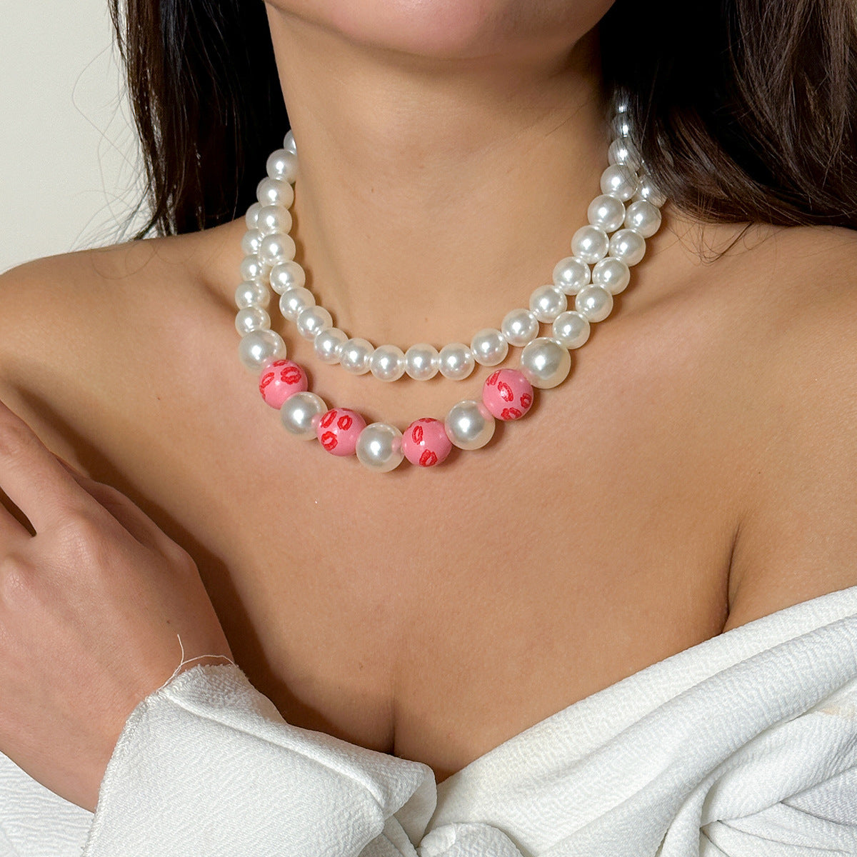 Valentine's Day Love Letter Necklace with Pearl Beads and Colorful Elements