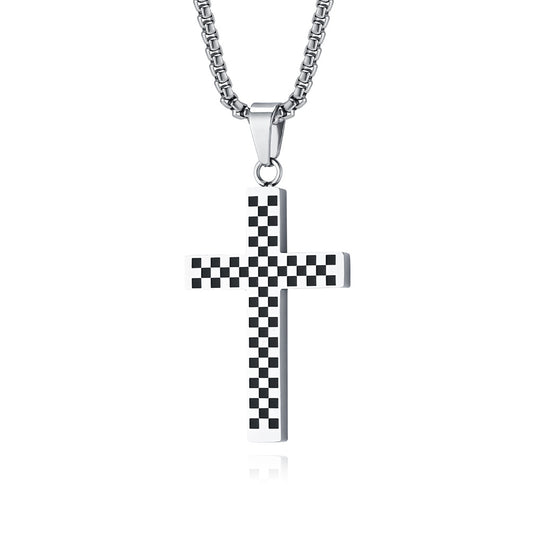 Cross-Border Checkerboard Black and White Cross Necklace