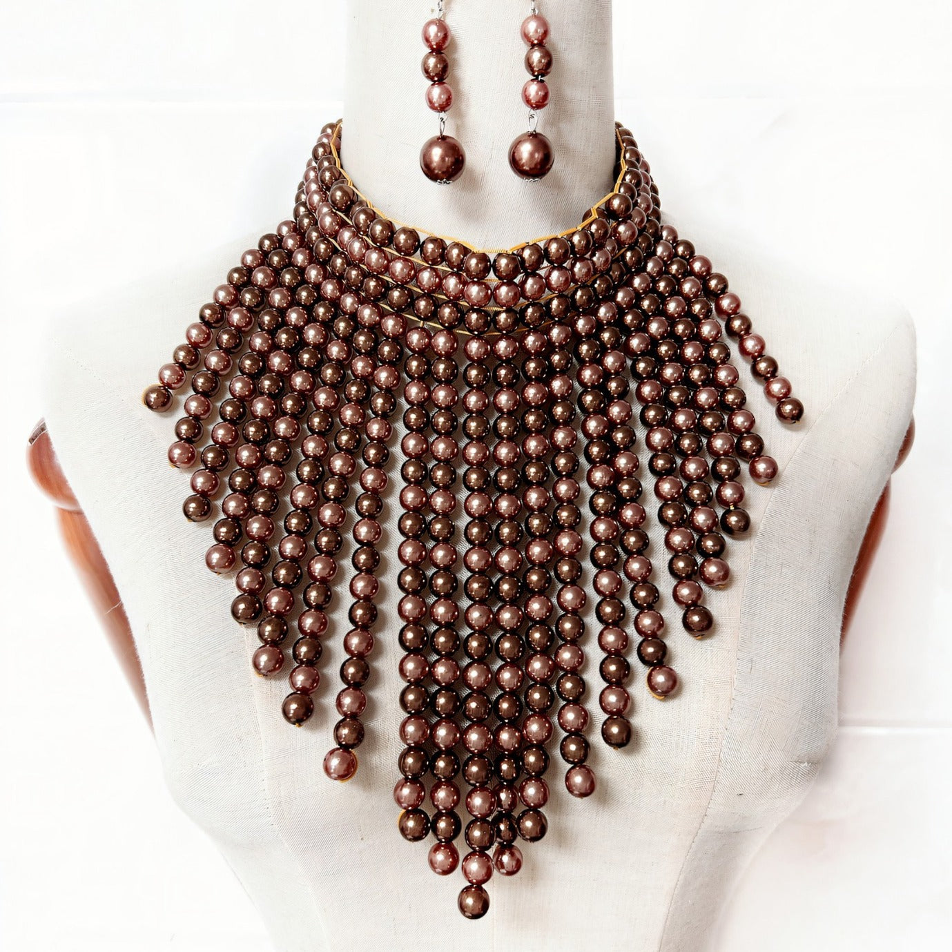 Exaggerated Triangular Scarf Necklace with Multi-layer Tassels and Imitation Pearl Accents
