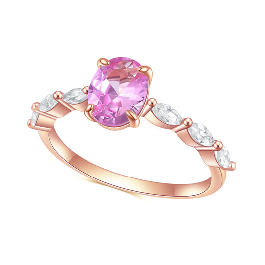 Oval Barbie Pink Corundum and Marquise Zircon Silver Ring