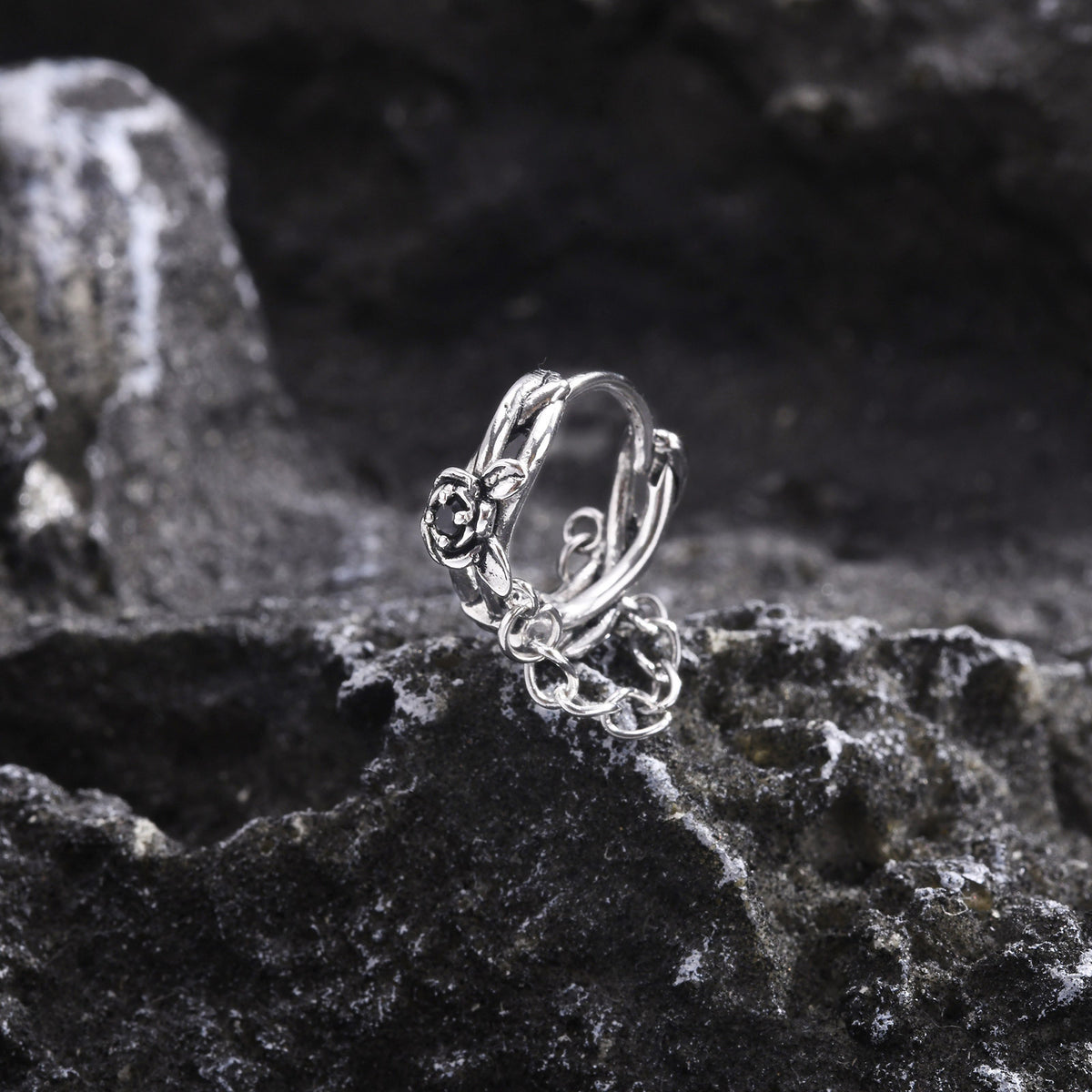 Rose & Chain Hoop Earring — Silver Single