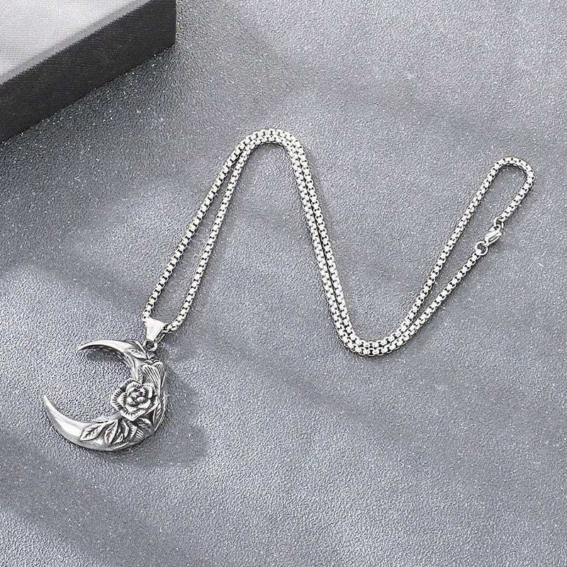 Gothic Style Dark Crescent Rose Pendant, Punk Vintage Skull Moon Titanium Steel Men's Necklace