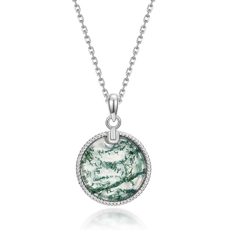S925 Sterling Silver Moss Agate Round Pendant Necklace