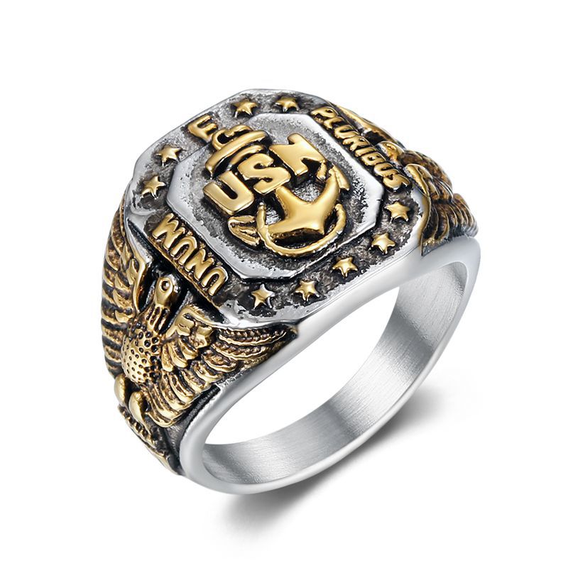 Hip Hop Ring For Men By Planderful Bold Gold Plated Titanium Steel USN Anchor Eagle Motif