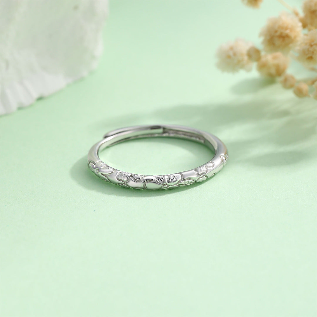 Planderful S925 Sterling Silver Cherry Blossom Ring For Women Adjustable Carved Band