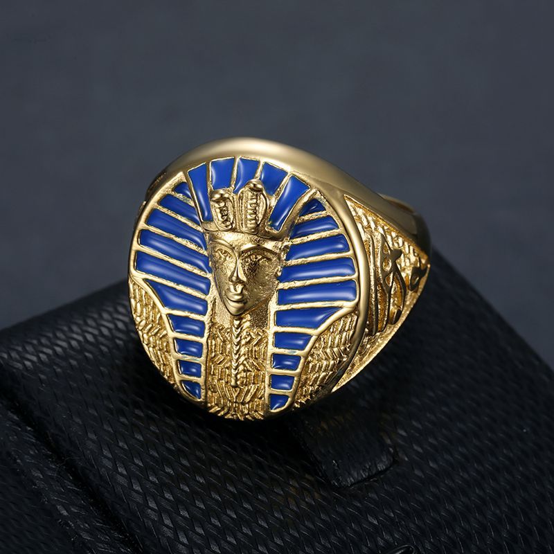 Planderful Titanium Steel Gold Plated Horus Eye Ring For Men Blue Gel Egyptian Pharaoh Symbol