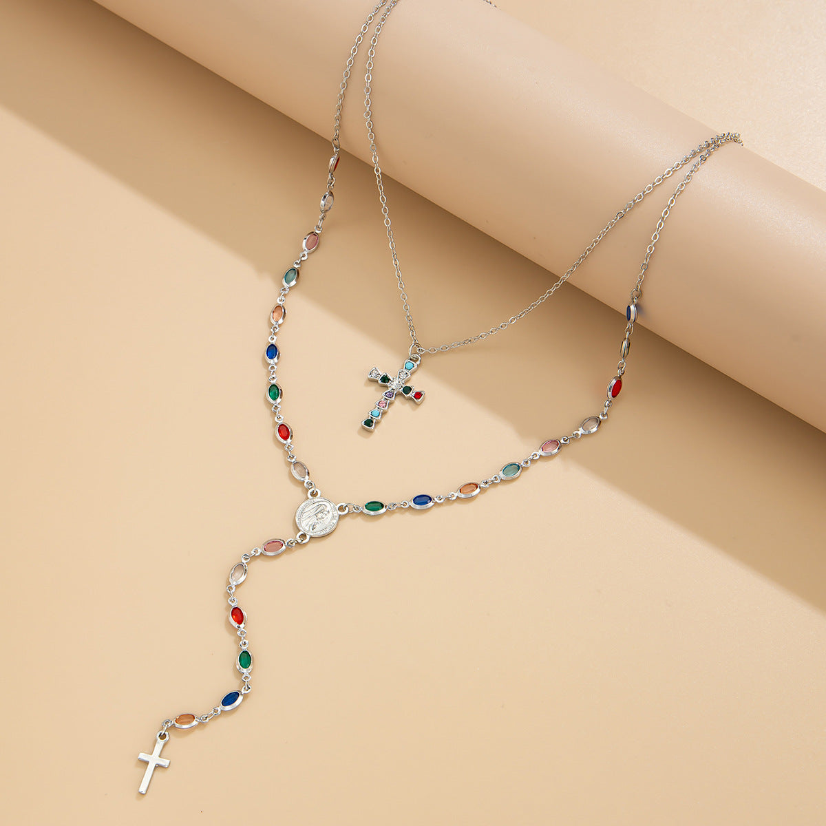 European and American cross-border personalized versatile zircon-encrusted cross pendant necklace, temperament stacked with cold ins long jewelry