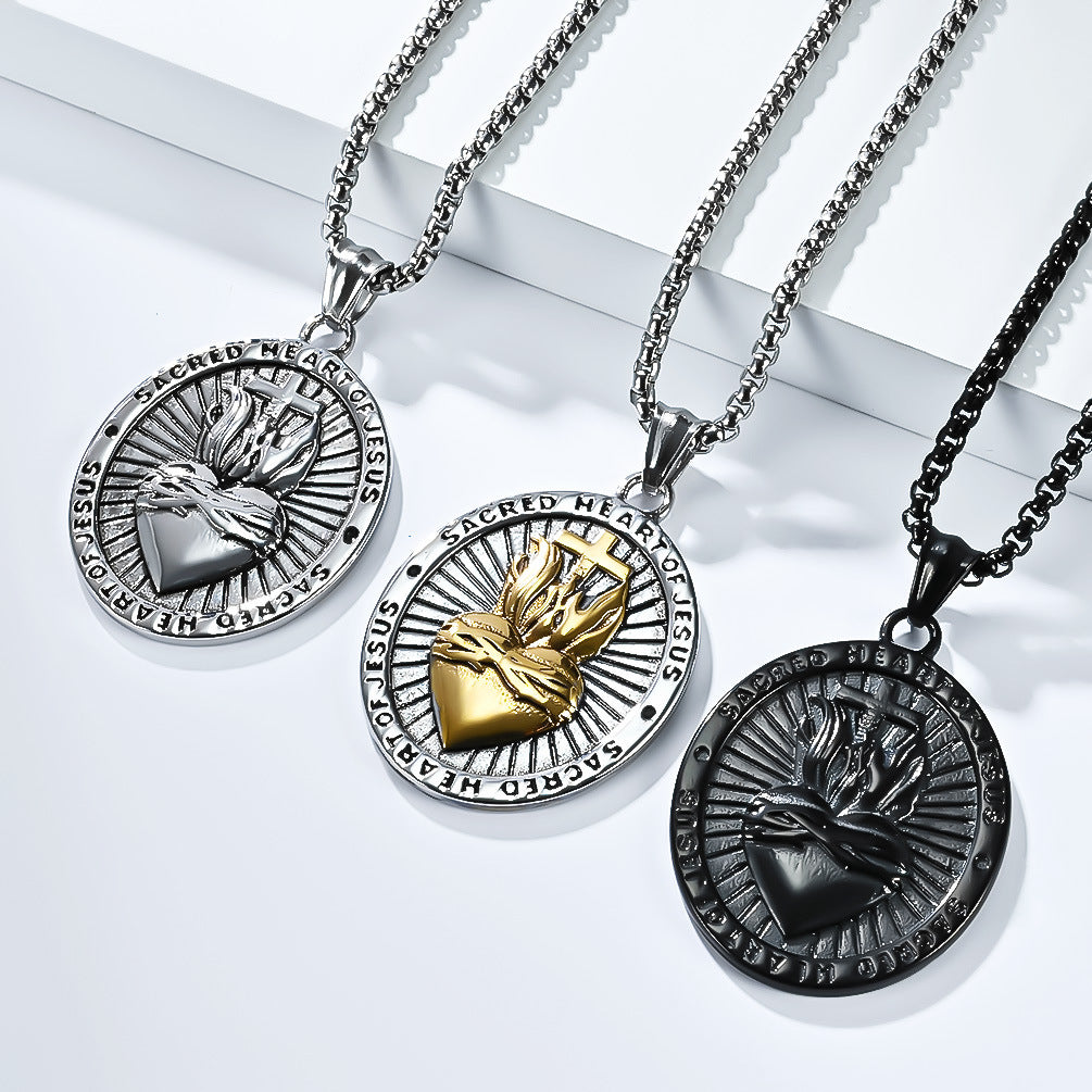 Planderful Sacred Heart Cross Titanium Steel Necklace For Men Retro European American Symbol Body Protection Jewelry