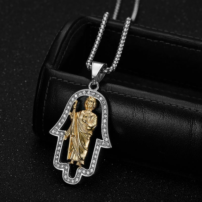 Planderful Hip Hop Pendant Necklace Stainless Steel Gold Plated Zircon Fatima Hand St Jude Urban Jewelry Lovers Must Have