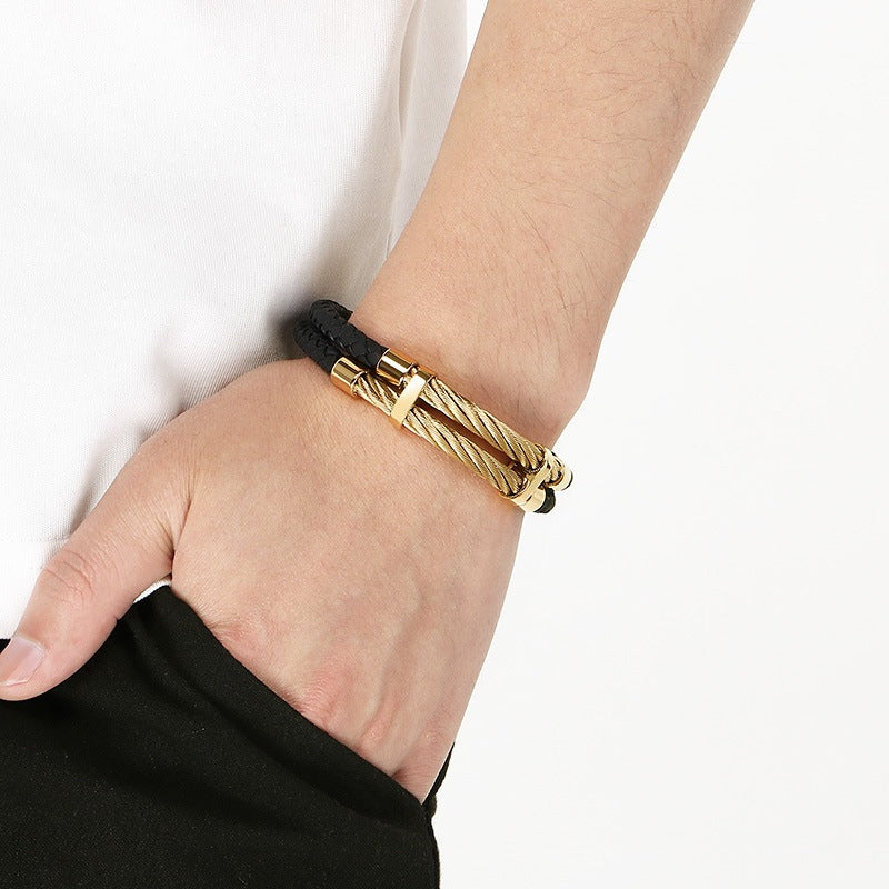 Business Style Black Double Leather Rope Leather Bracelet Layered Stainless Steel