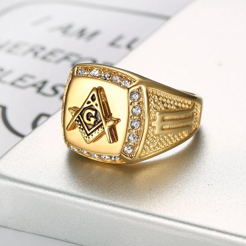 Planderful Masonic Ring For Men Vintage European American Style Gold Plated Titanium Steel Rhinestone