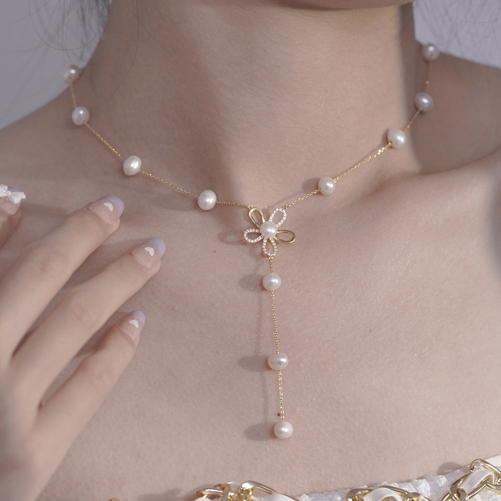S925 Silver Hollow Flower Pearl Necklace for Women Wholesale