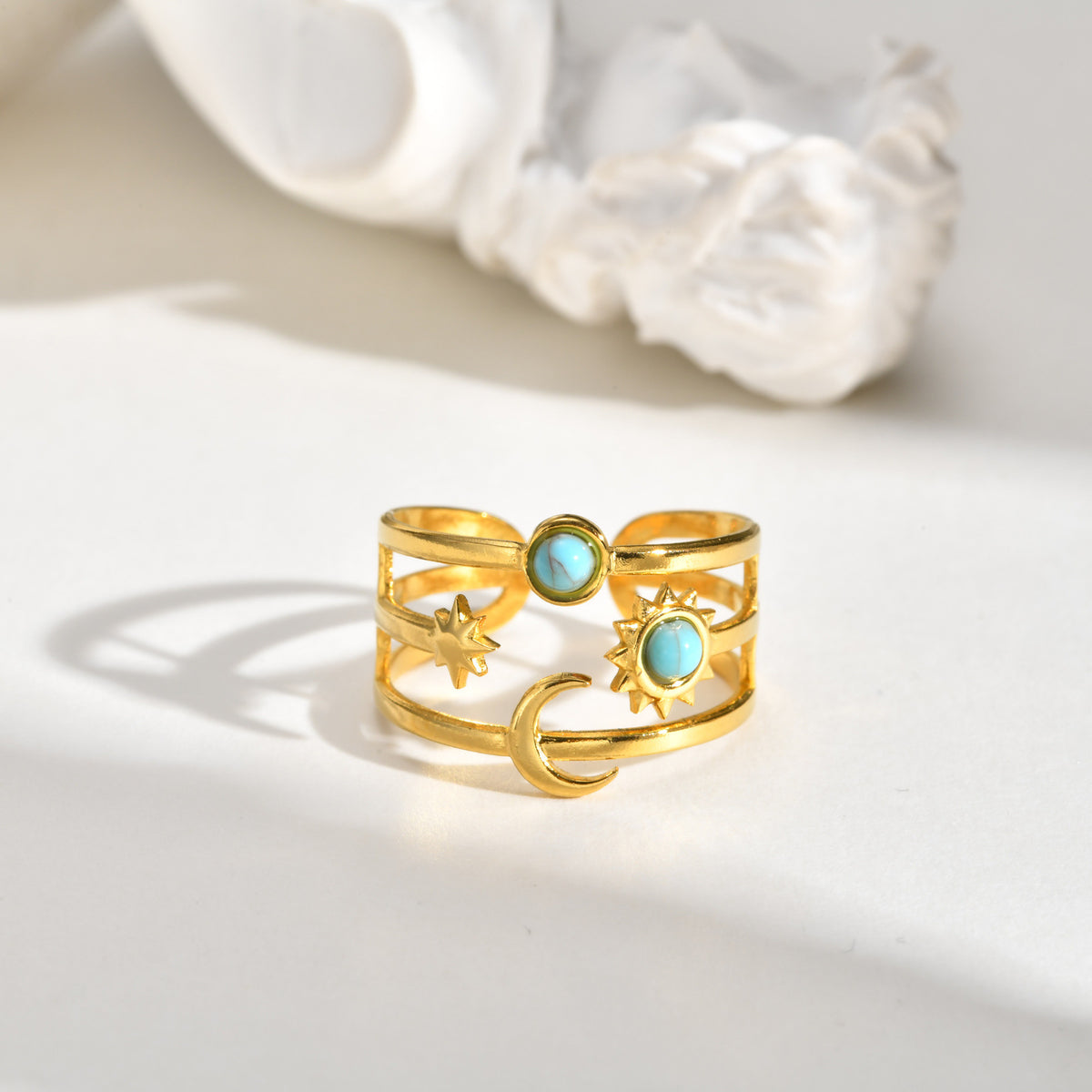 Stainless Steel Version Sweet Cool Wind Turquoise Star & Moon Three-Layer Open Ring Gold