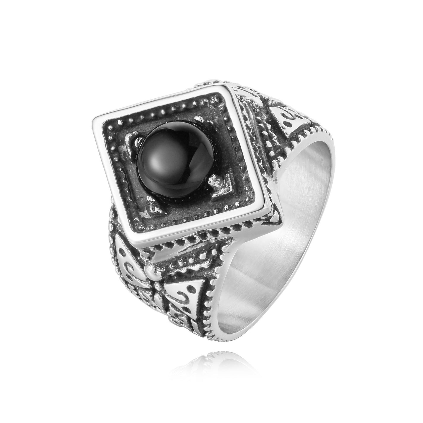 Planderful Titanium Steel Ring Black Stone Retro Rhombus Domineering Design Unisex Protection for Men Women