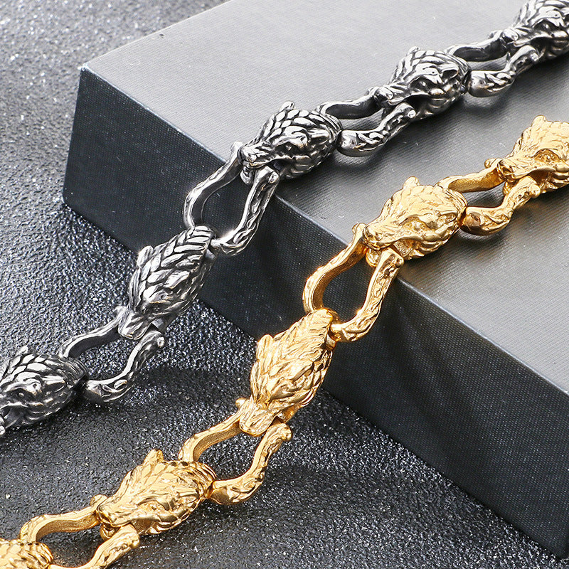 Nordic Viking Design Wolf – Antique Tail Biting Wolf Head Stainless Steel Men's Bracelet