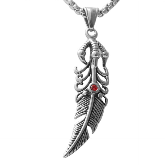 Personalized Retro Titanium Steel Feather Pendant Necklace with Red Stone for Men