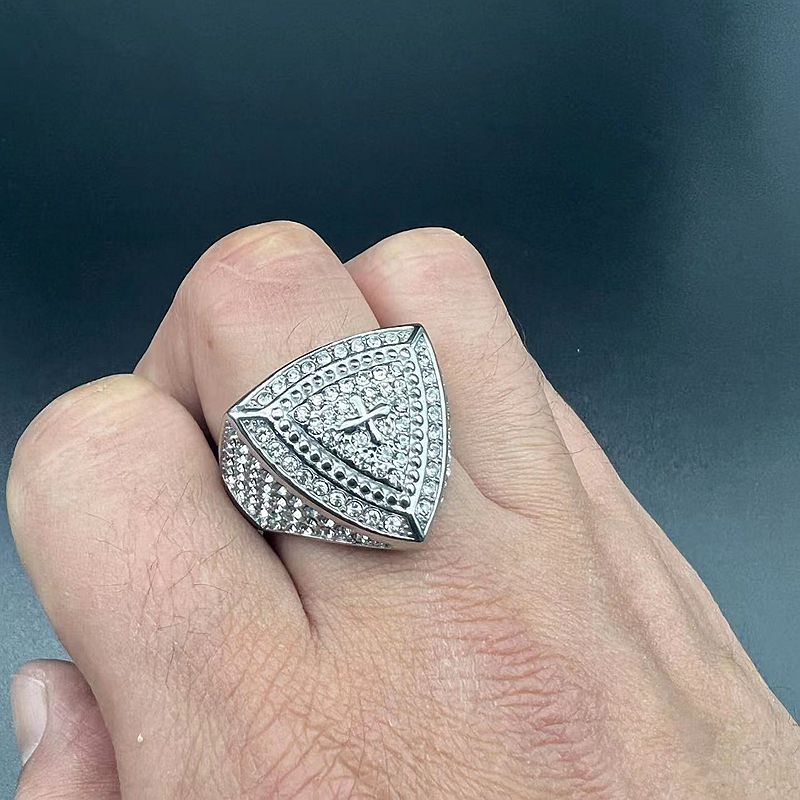 Planderful Hip Hop Ring For Men Stainless Steel Gold Plated Rhinestone Triangular Cross