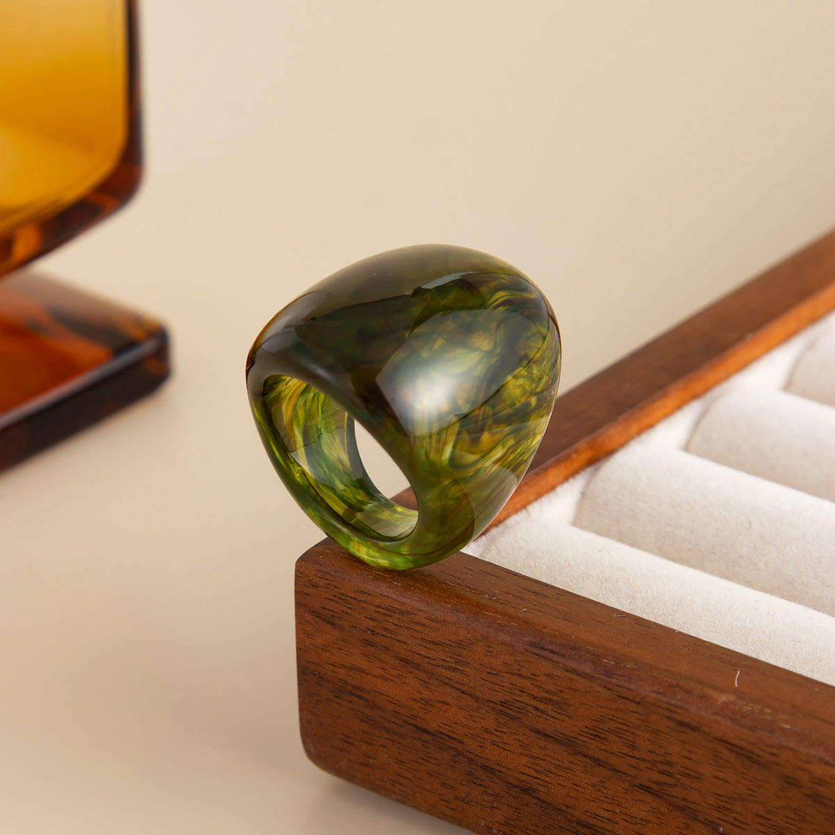 Planderful Vienna Verve Amber Resin Wide Ring For Women Vintage European Style Statement Jewelry