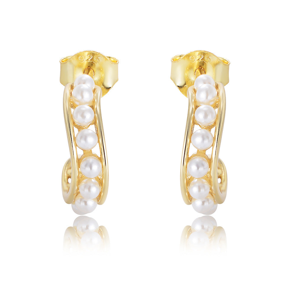 S925 Sterling Silver Geometric C-Shaped Hollow Pearl Earrings, Retro Stud Earrings,