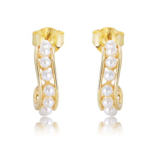 S925 Sterling Silver Geometric C-Shaped Hollow Pearl Earrings, Retro Stud Earrings,