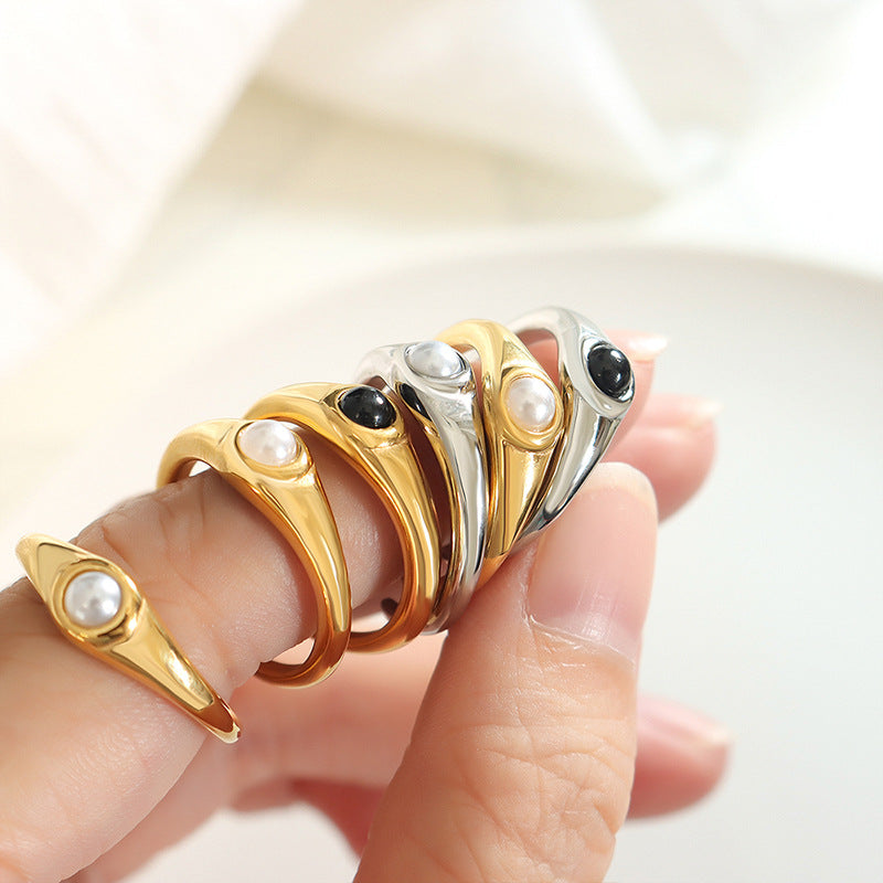 Korean Titanium Steel Ring with Black and White Beads, Electroplated 18K Gold - Women's Fashion Statement Piece