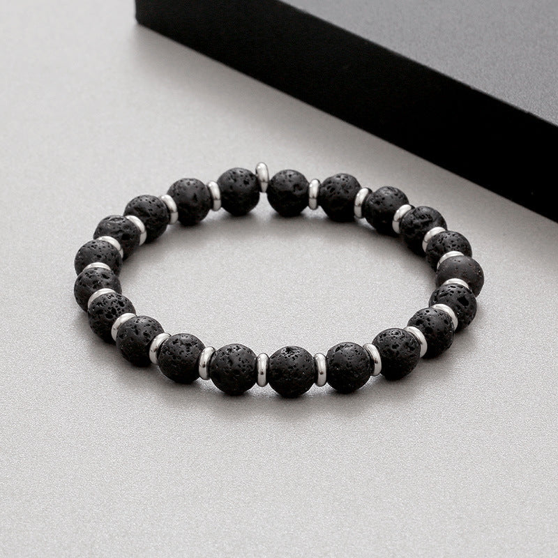 Stainless Steel Men's and Women's Agate and Tiger's Eye Beaded Bracelet with Volcanic Stone Elements