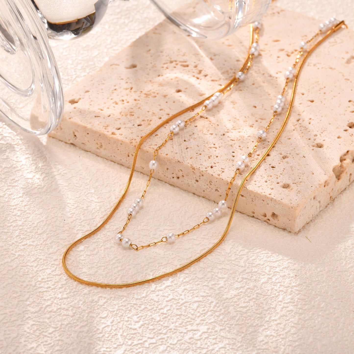 Stylish & Stainless Steel Round Snake Chain Imitation Pearl Double-Layer Necklace