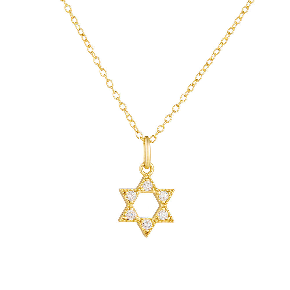 925 Sterling Silver Hexagram Hollow Pendant Necklace 14k Gold-Plated Zircon