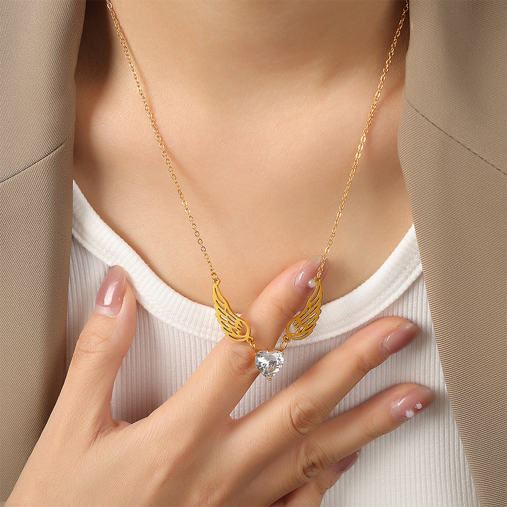 Golden Angel Wing Zircon Necklace - Fashionable Jewelry with Titanium Plating