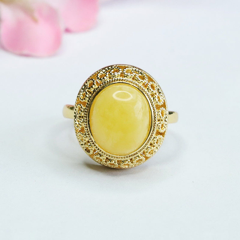 Amber Beeswax Ring with Sterling Silver Ruyi Design
