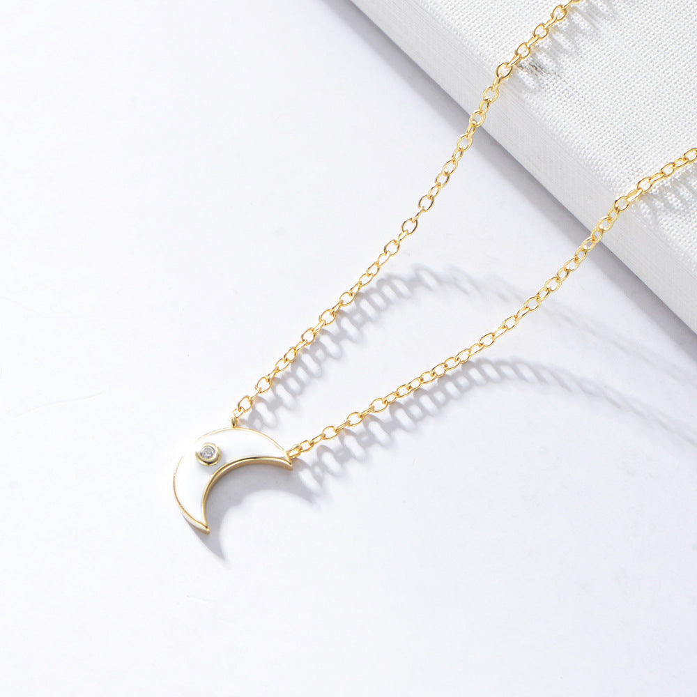 S925 Sterling Silver Women Inlaid Zircon Cold Wind Necklace Epoxy Moon