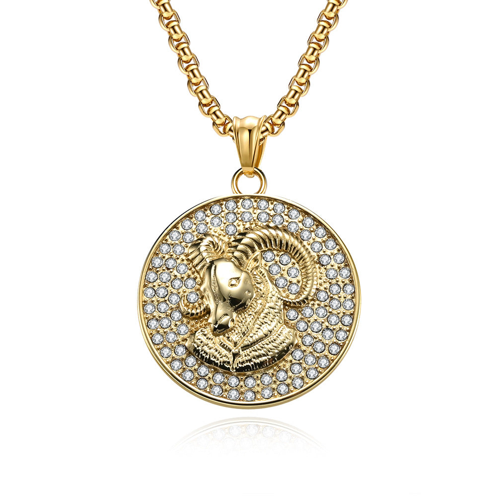 Planderful Twelve Constellations Zircon Titanium Steel Pendant For Hip Hop Style Fans
