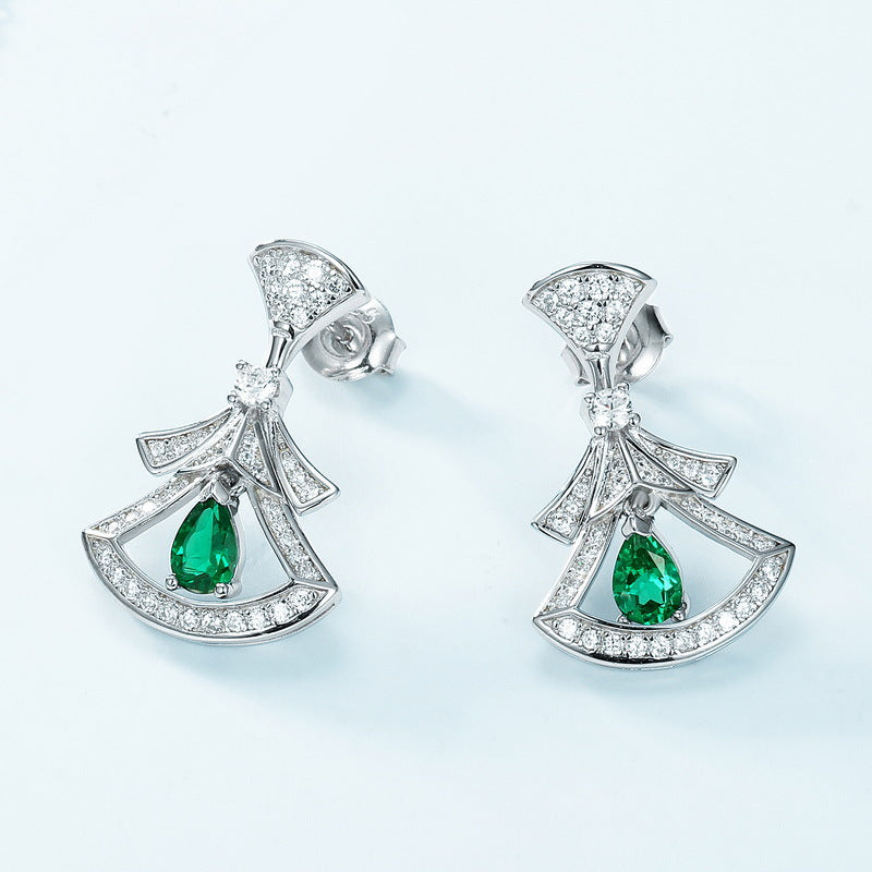 S925 Sterling Silver Lab-Grown Emerald Fan Stud Earrings