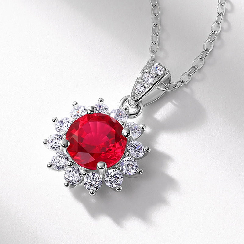S925 Sterling Silver Lab-Grown Ruby Round Pendant Necklace