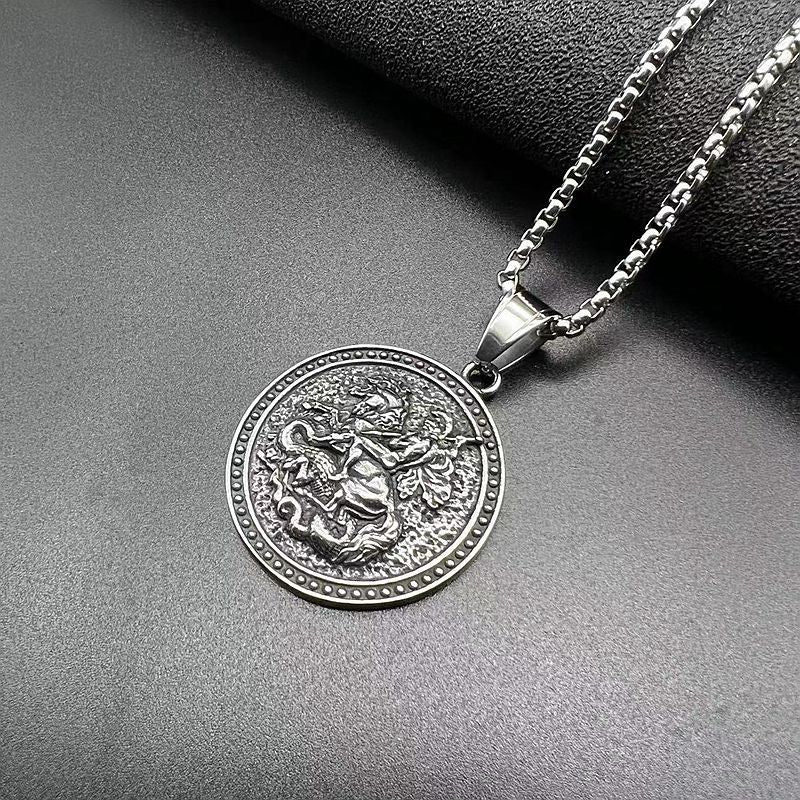 Steel Necklace – Vintage St George Dragon Slayer Pendant For Men Great Gift For Him Noble Medieval Style