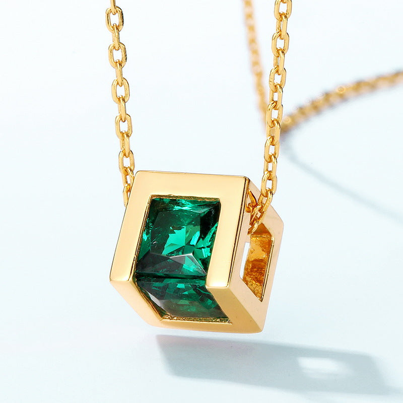 Green Zircon Hollow Cube Pendant Sterling Silver Necklace
