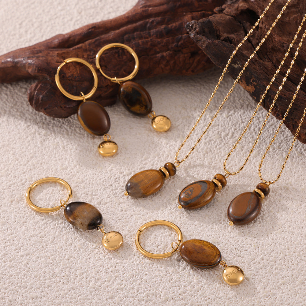 Tiger Eye Stone Pendant Necklace and Earrings Set, Unique Titanium Steel Jewelry