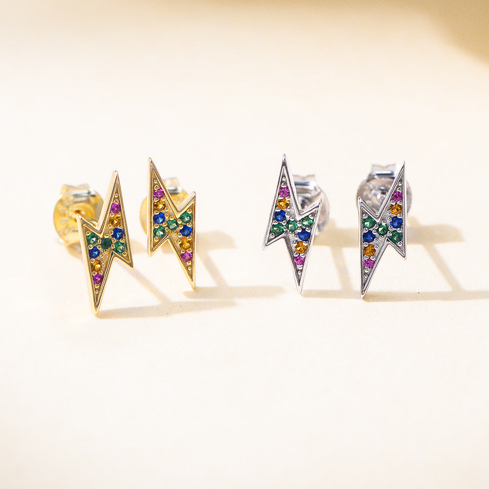 S925 Sterling Silver Micro-Inlaid Colored Zircon Stud Earrings Korean Version Geometric Lightning Earrings