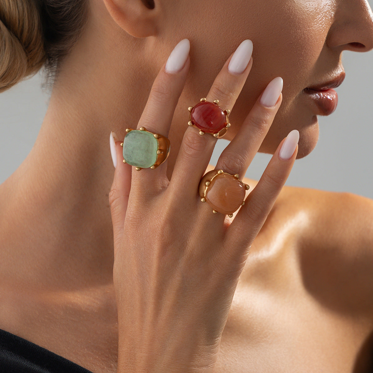Planderful Vienna Verve Retro Square Smudged Stone Ring Set For Modern Fashion Lovers Bold Statement Jewelry