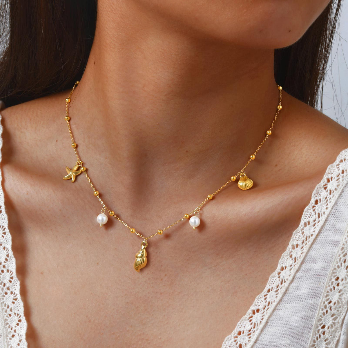 Summer Leisure Seaside Ocean Wind Stainless Steel Imitation Glass Pearl Conch Lady Necklace