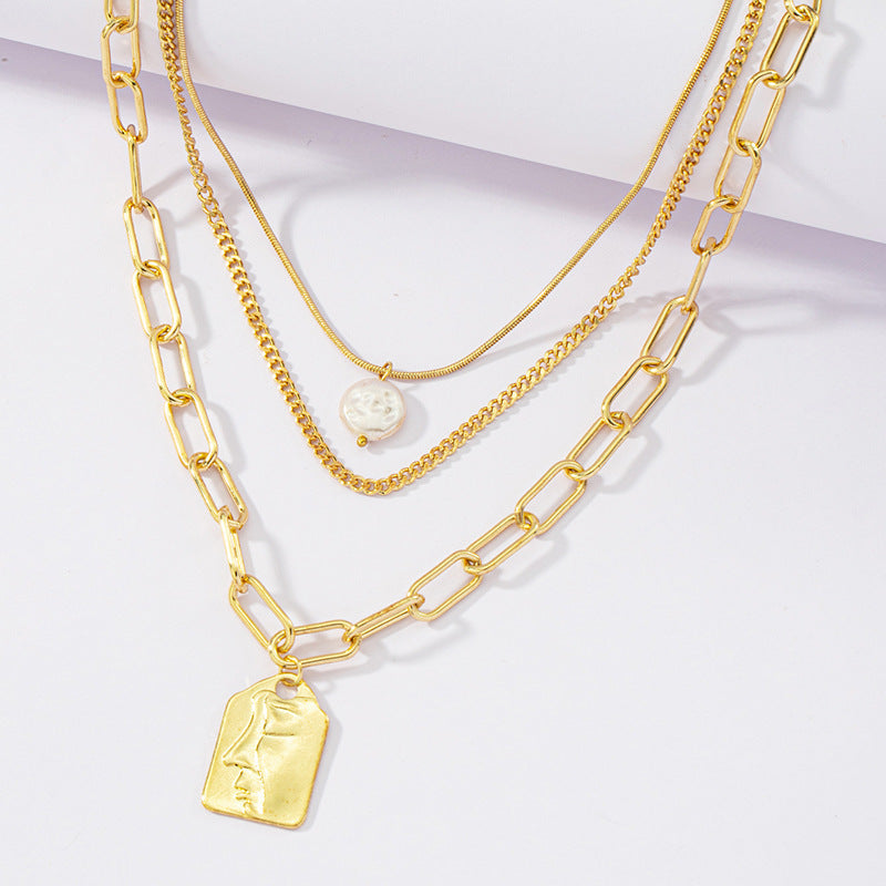 Triple Pearl Layer Necklace with Cross-Border Charm