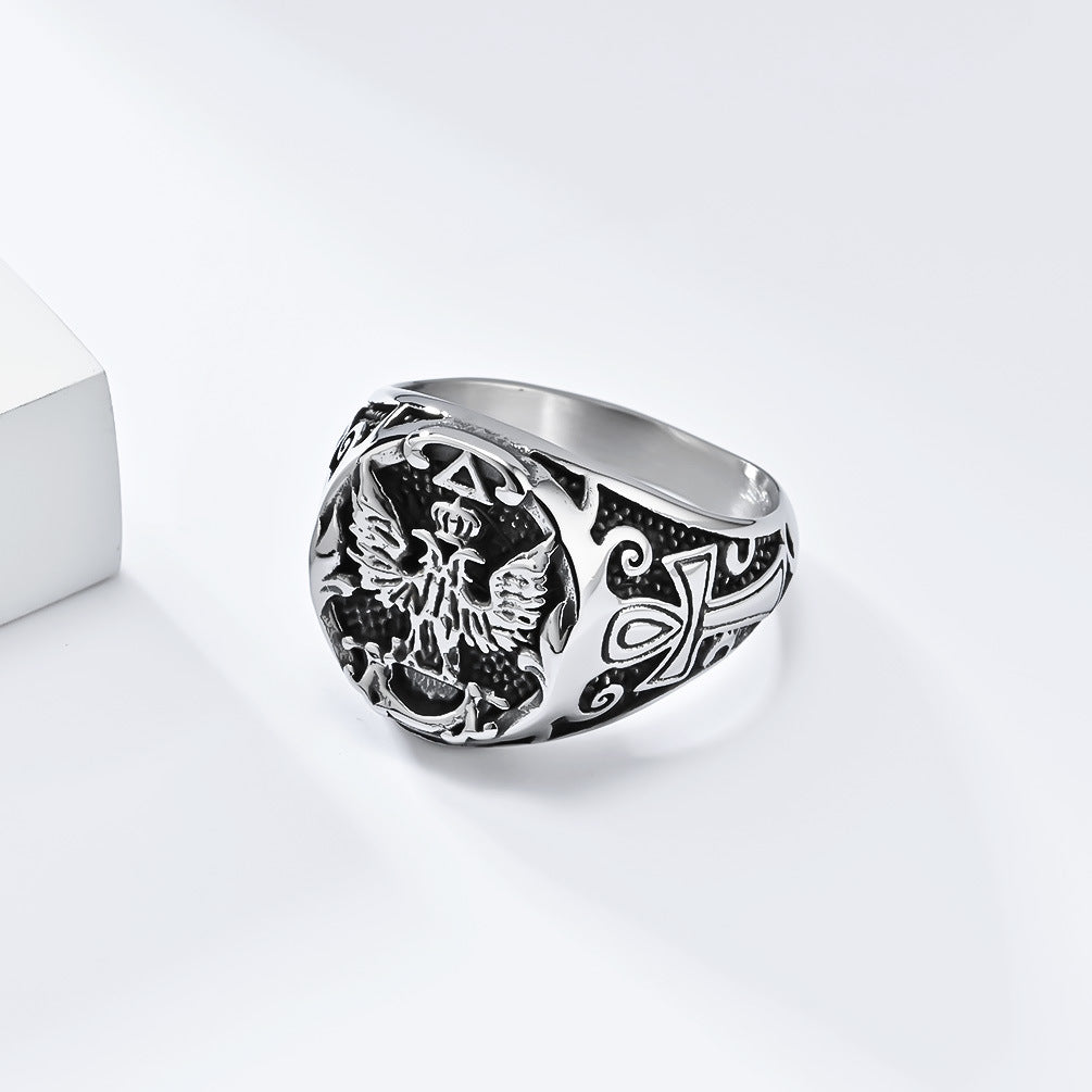 Planderful Mens Ring Retro Double-Headed Eagle Titanium Steel For Men Dominant Statement Jewelry