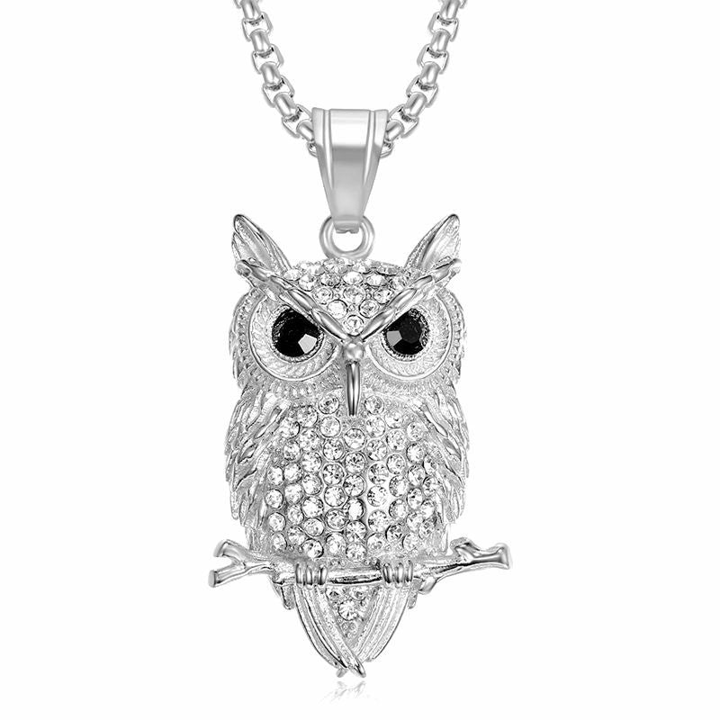 Owl Pendant Necklace Titanium Steel Gold Plated Zircon Long Lasting Shine Planderful For Hip Hop Jewelry Fans