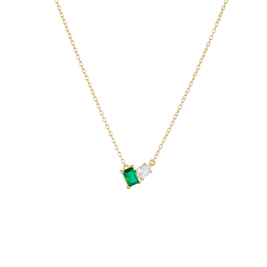 Green Rectangular Zircon and Water Drop Zircon Silver Necklace